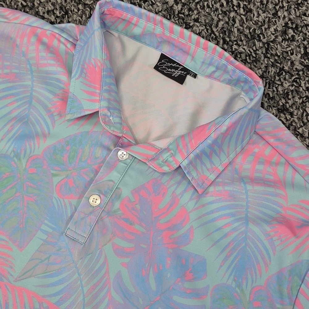 Sunday Swagger Shirt Mens 2XL Golf Polo Tropical Palm Tree Print Miami Vice‎